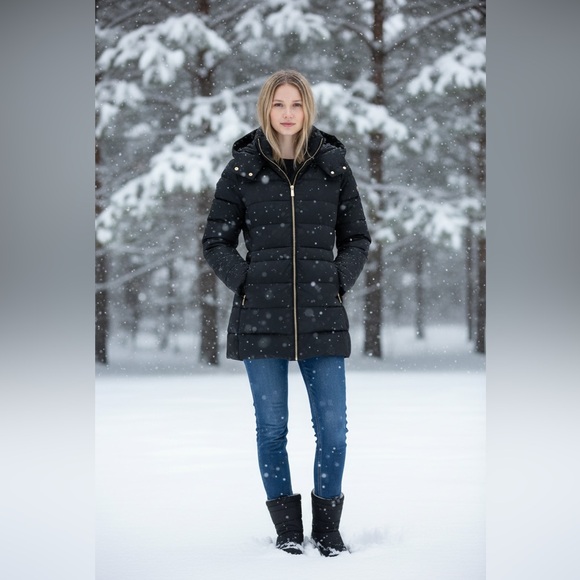 Zara Black Puffer Jacket with Gold Zipper - Picture 2 of 8